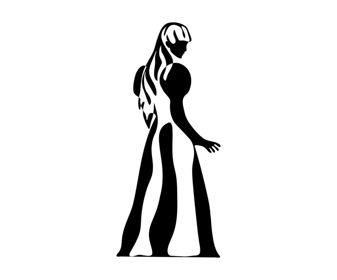 nero e bianca logo di astratto ritratto di un' ragazza senza facce nel un vecchio lungo vestire, in piedi con sua indietro metà trasformato vettore