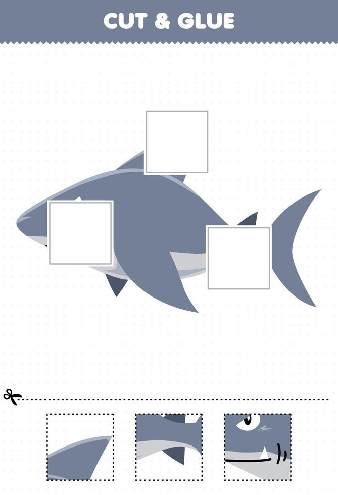 formazione scolastica gioco per bambini tagliare e colla tagliare parti di carino cartone animato squalo e colla loro stampabile subacqueo foglio di lavoro vettore