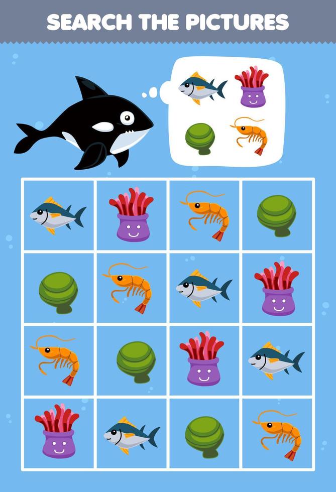 formazione scolastica gioco per bambini Aiuto carino cartone animato orca piazza il corretta animale impostato immagine stampabile subacqueo foglio di lavoro vettore