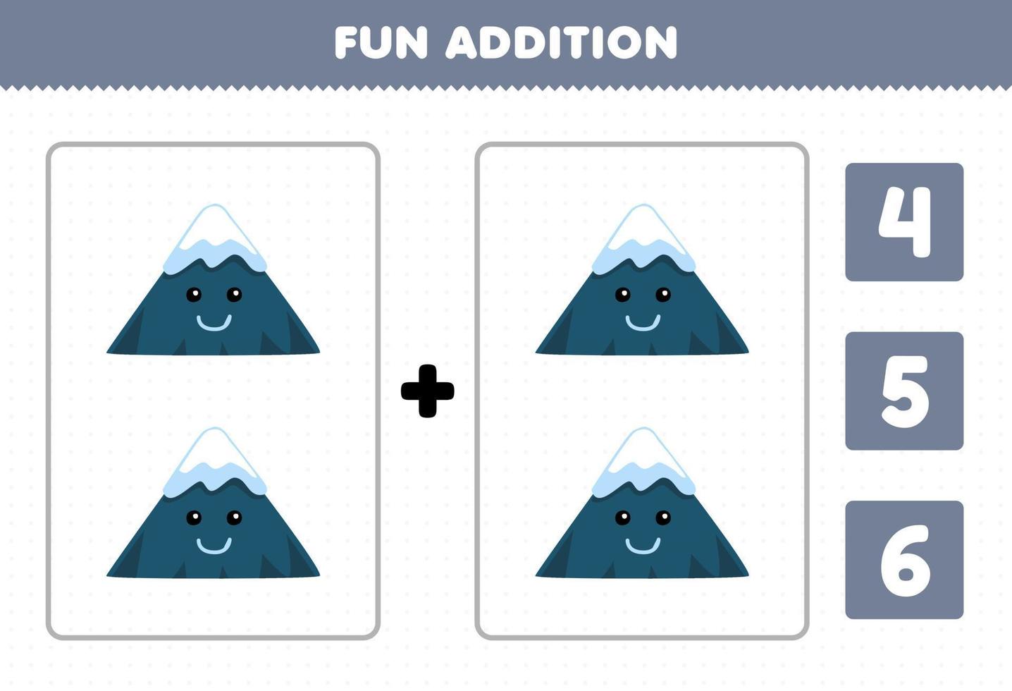 formazione scolastica gioco per bambini divertimento aggiunta di contare e scegliere il corretta risposta di carino cartone animato montagna stampabile natura foglio di lavoro vettore