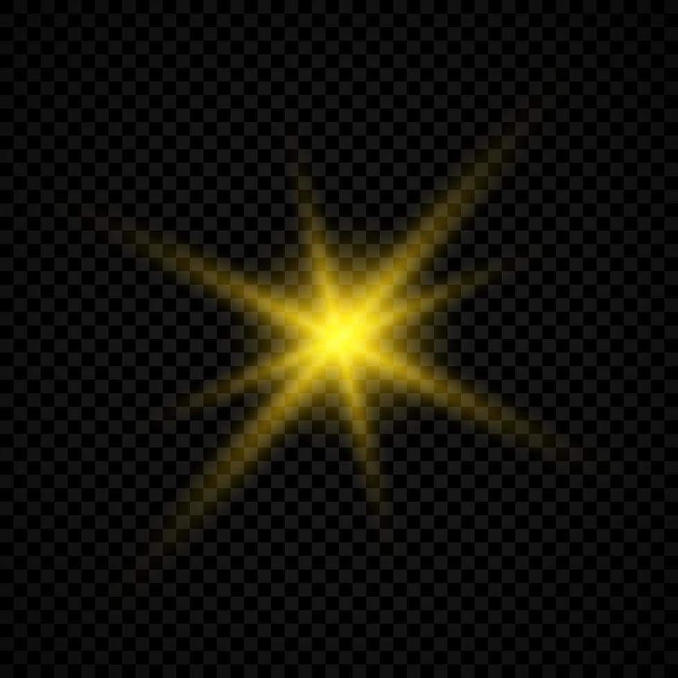 leggero effetto di lente razzi. giallo raggiante luci starburst effetti con scintille su un' trasparente sfondo. vettore illustrazione