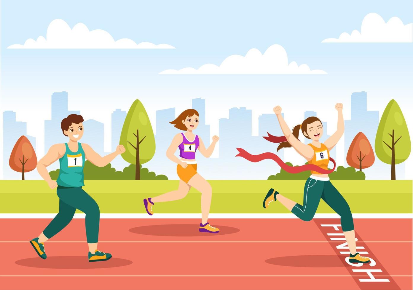 maratona gara illustrazione con persone in esecuzione, jogging sport torneo e correre per raggiungere il finire linea nel piatto cartone animato mano disegnato modello vettore