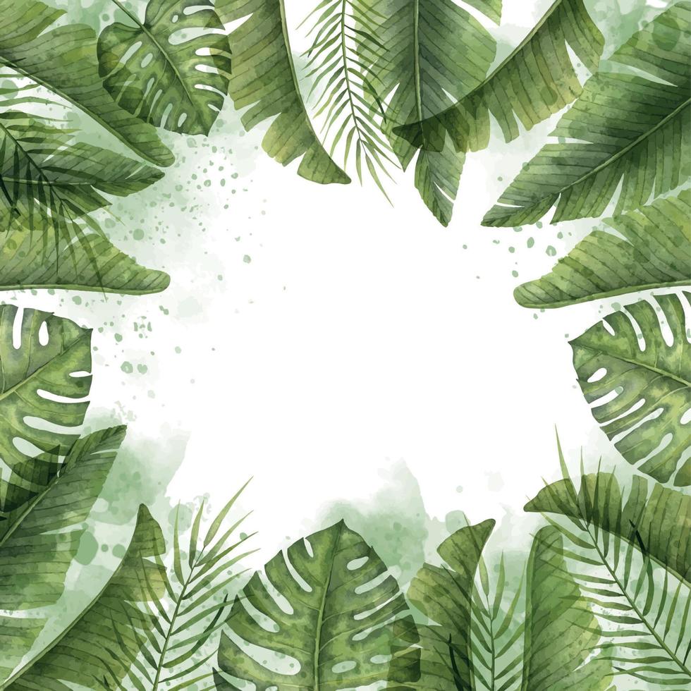 acquerello piazza telaio con verde palma le foglie. mano disegnato illustrazione con esotico tropicale impianti nel isolato sfondo. estate giungla con rami e aquarelle schizzi. modello per carte. vettore
