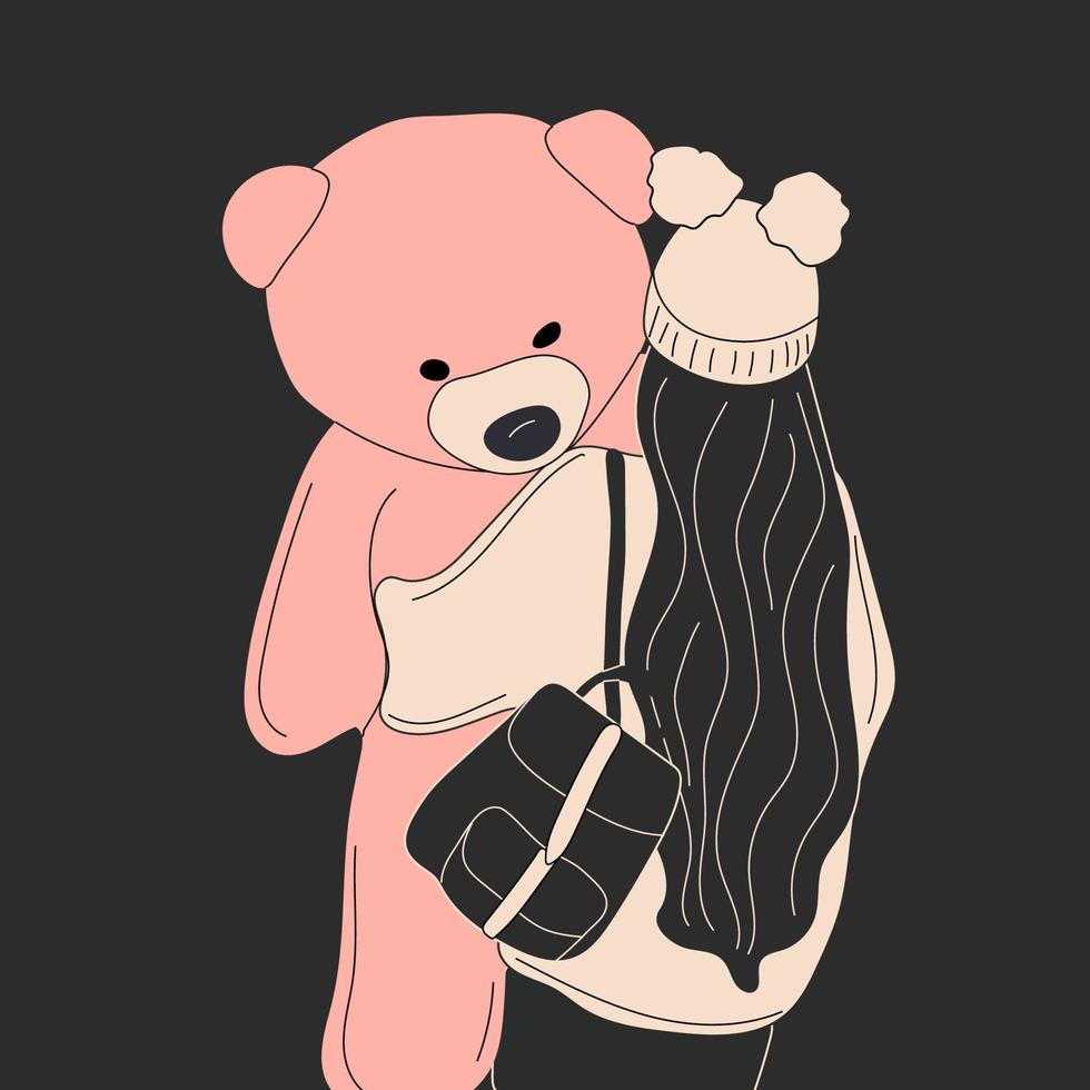 bella donna abbraccio un' gigante orsacchiotto orso Bambola. moda ragazza illustrazione su buio sfondo .amore, San Valentino giorno. vettore