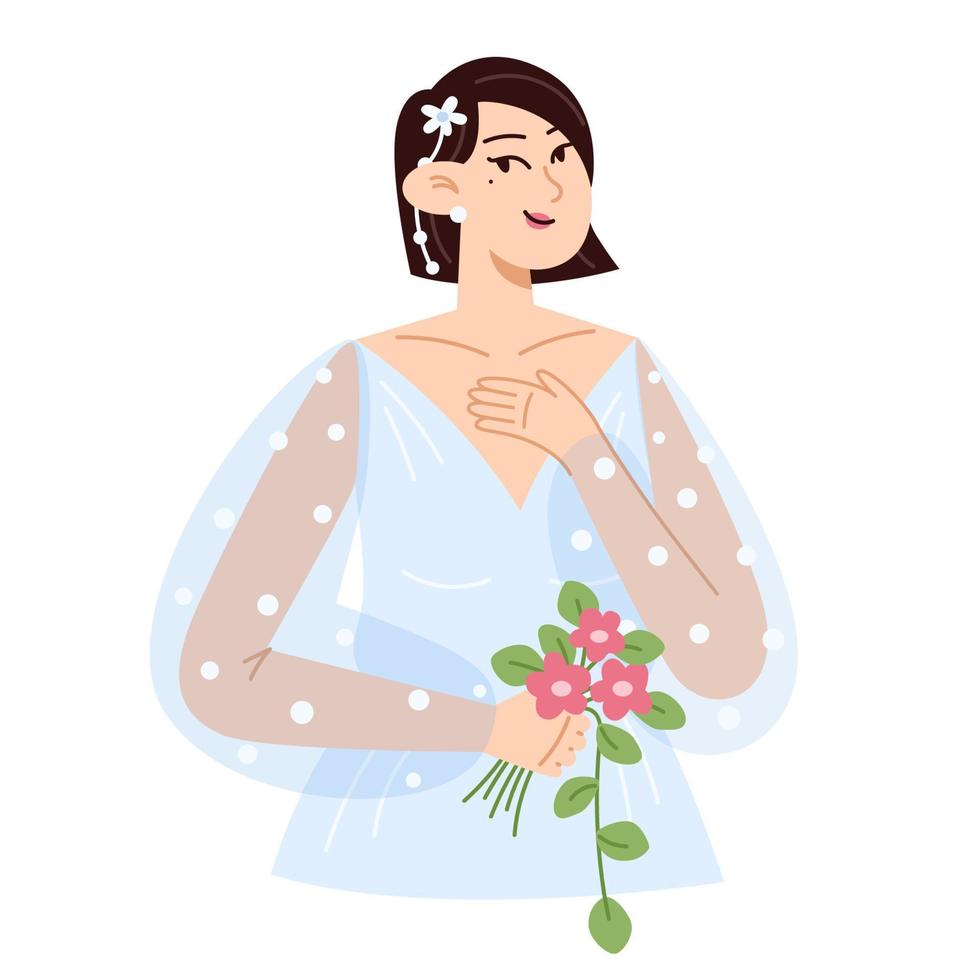 bellissimo sposa nel di moda nozze vestito con un' mazzo di fiori nel un' piatto stile vettore