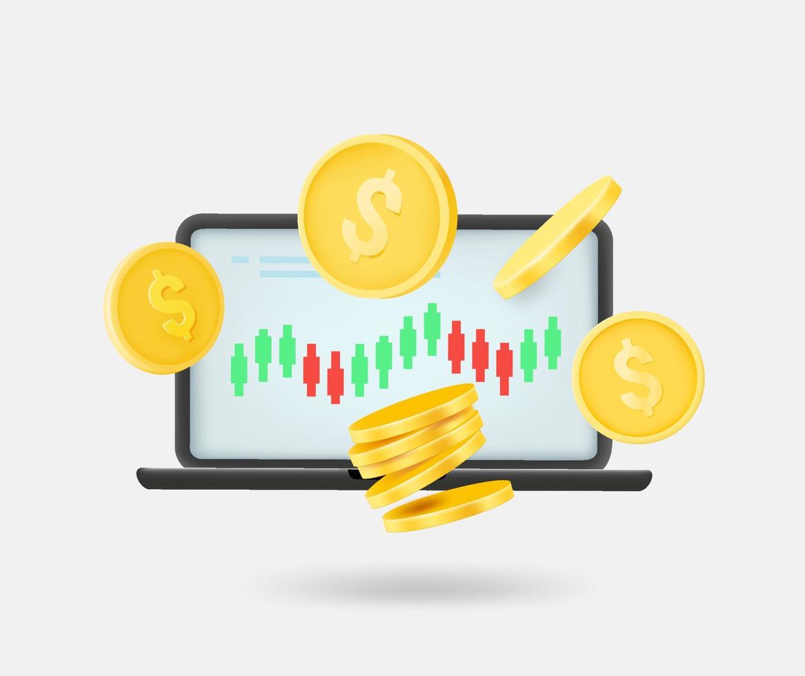 in linea commercio concetto con computer portatile, grafico e monete. 3d vettore isolato illustrazione