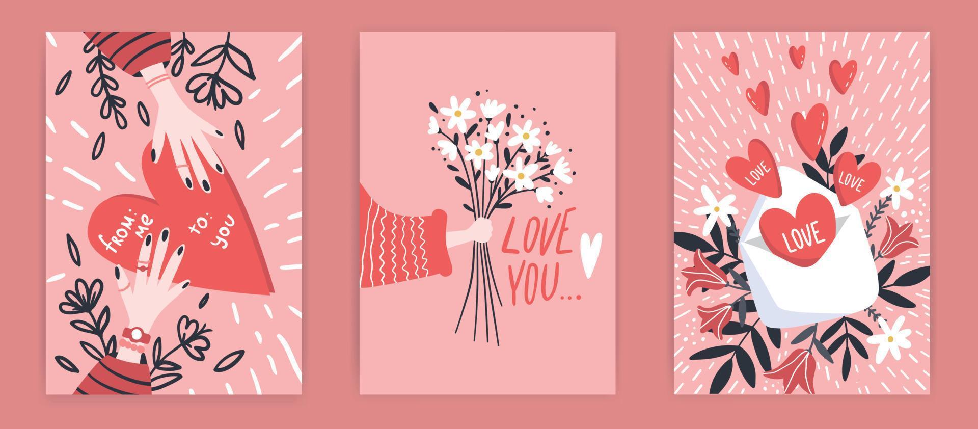 romantico impostato di saluto carte per San Valentino giorno. vettore collezione con spazzola lettering e mano scritto elementi. rosa, rosa e bianca colore etichette per il tuo design e invito