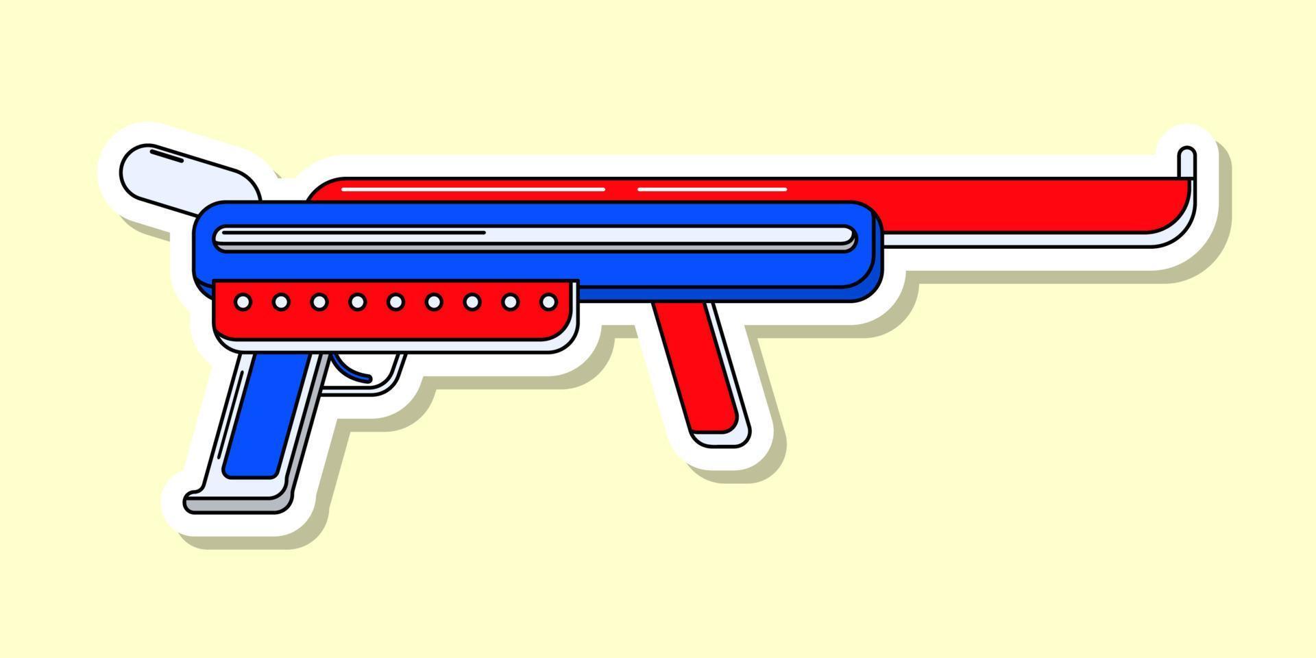 vettore cartone animato blaster etichetta. isolato colorato giocattolo pistola con bianca contorno. futuristico arma design