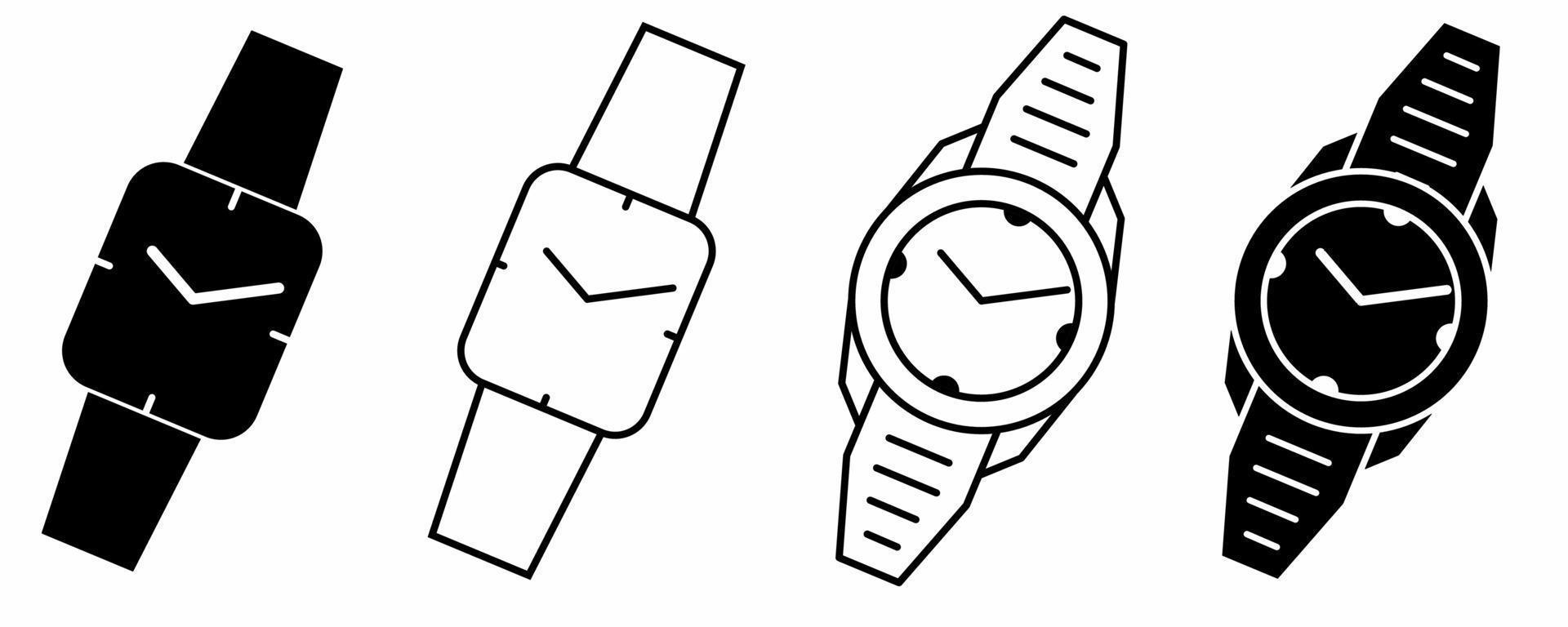 schema silhouette orologio da polso icona impostato con diverso stile isolato su bianca vettore