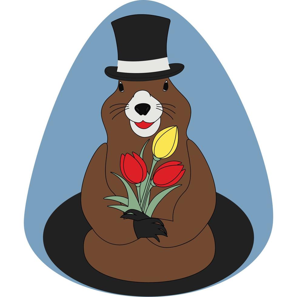 colorato Immagine di un' marmotta nel un' cappello con un' mazzo tulipano In arrivo su di il suo buco. marmotta giorno vettore