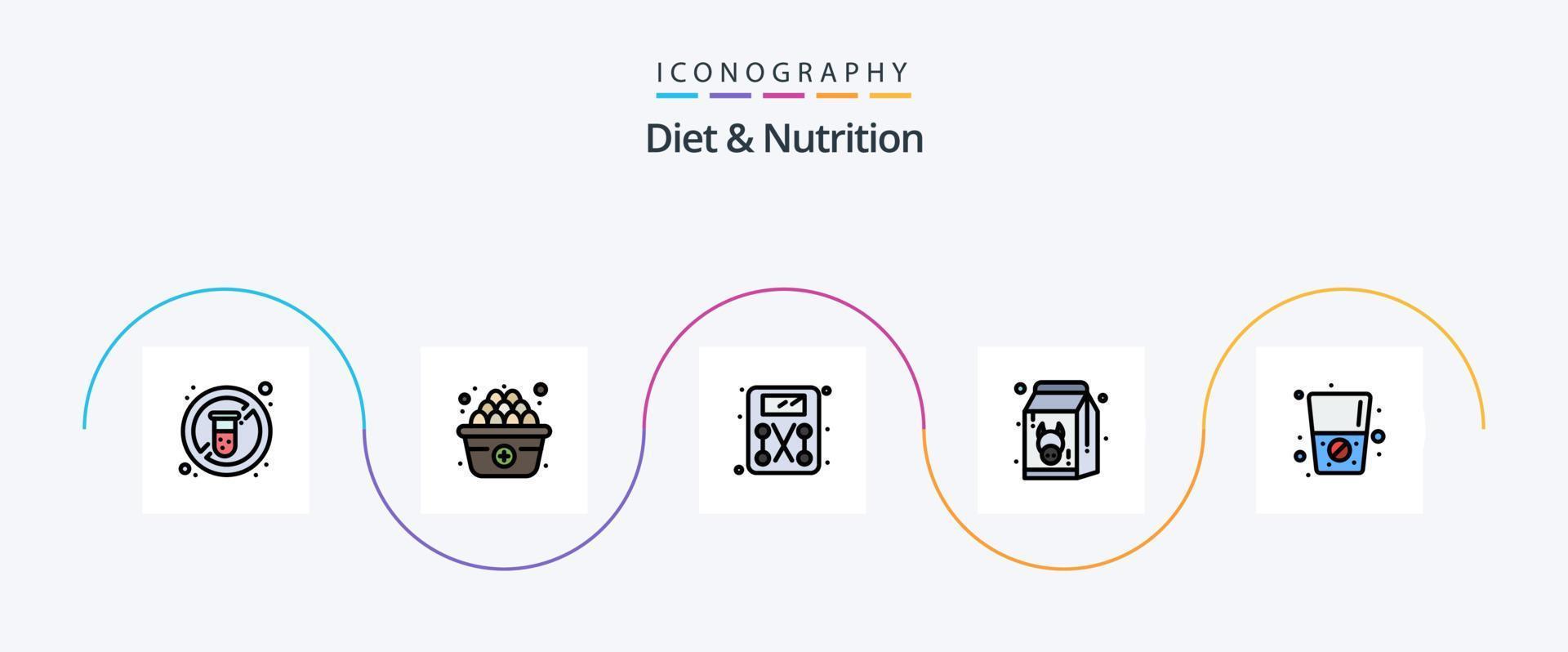 dieta e nutrizione linea pieno piatto 5 icona imballare Compreso bere. dieta. scala. latte. fresco vettore