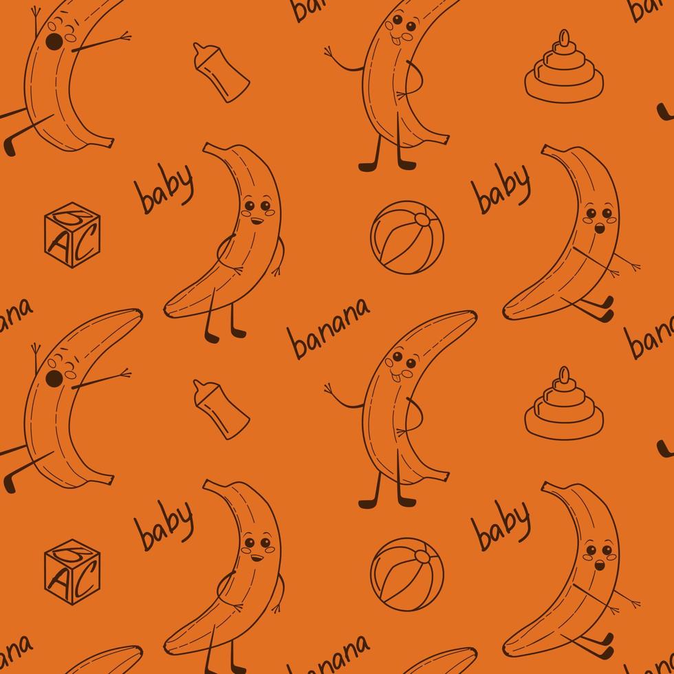 carino kawaii banane vettore senza soluzione di continuità modello su arancia sfondo. vettore lineamenti cartone animato bambino Banana ripetere sfondo. Perfetto per tessile stampe, bambini disegno, arredamento.