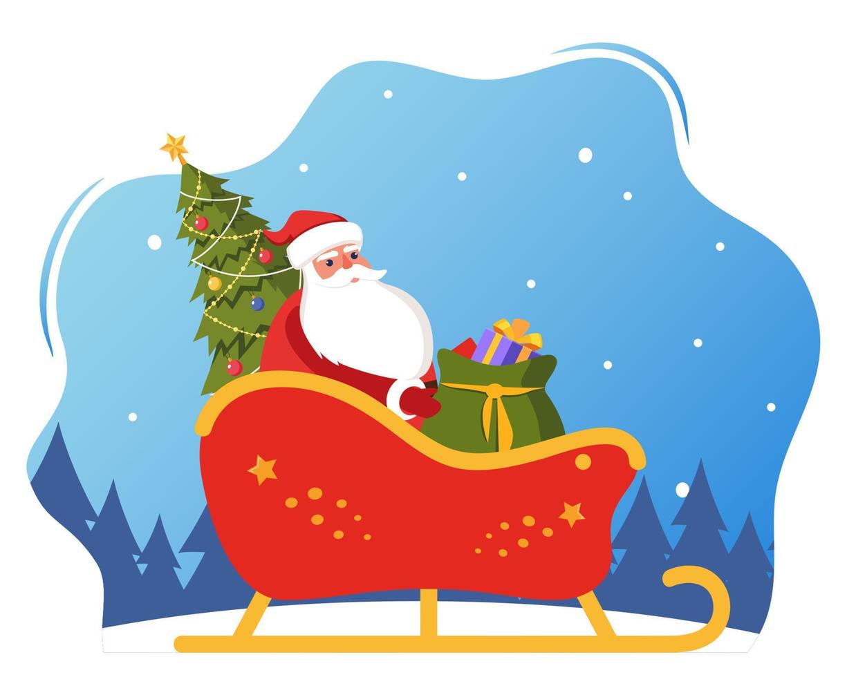 Santa Claus con i regali e Natale albero su slitta. Natale saluto carta vettore illustrazione.