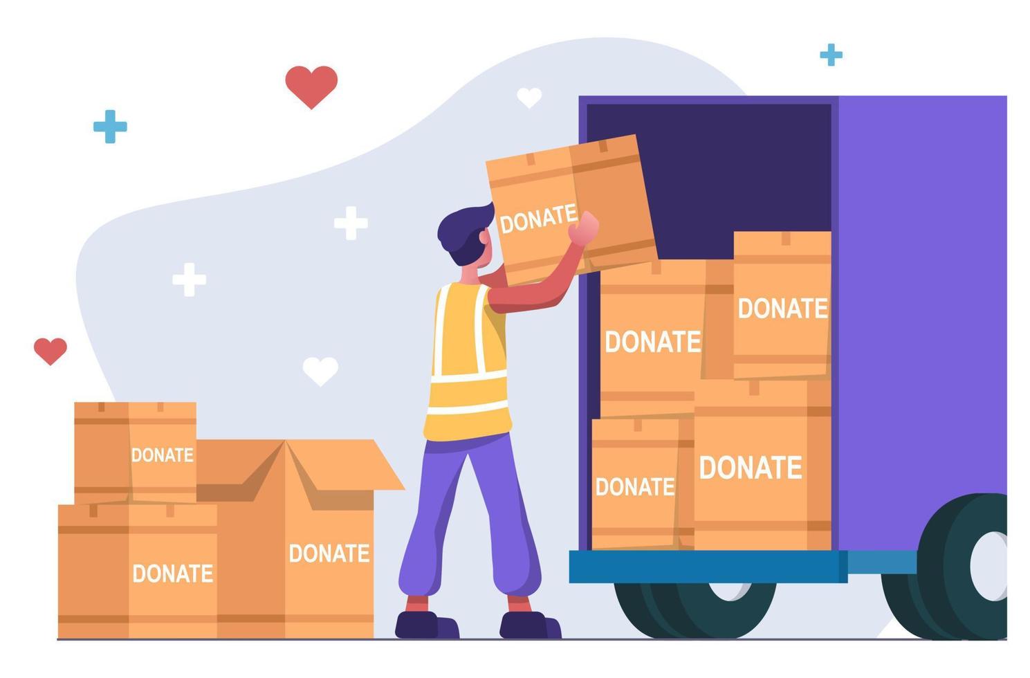 umanitario organizzazione. volontario raccoglie umanitario aiuto, carichi scatole in camion. vettore