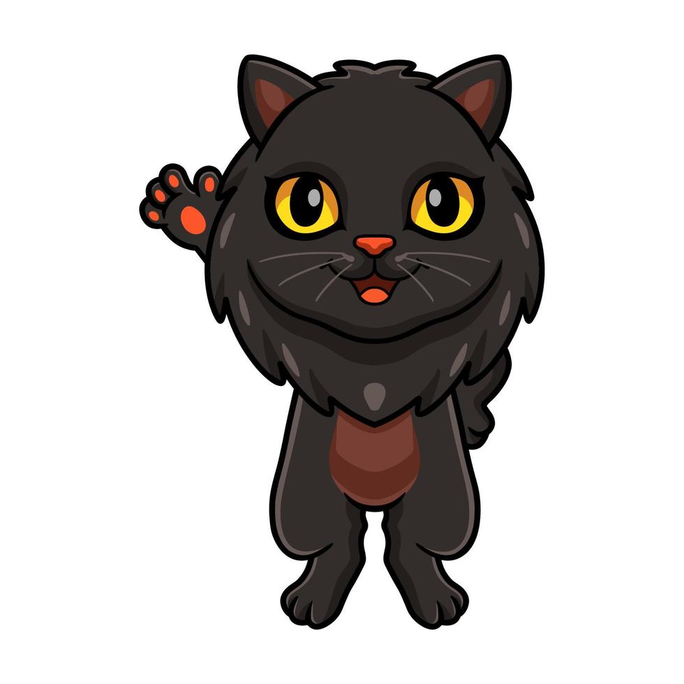 carino nero persiano gatto cartone animato agitando mano vettore