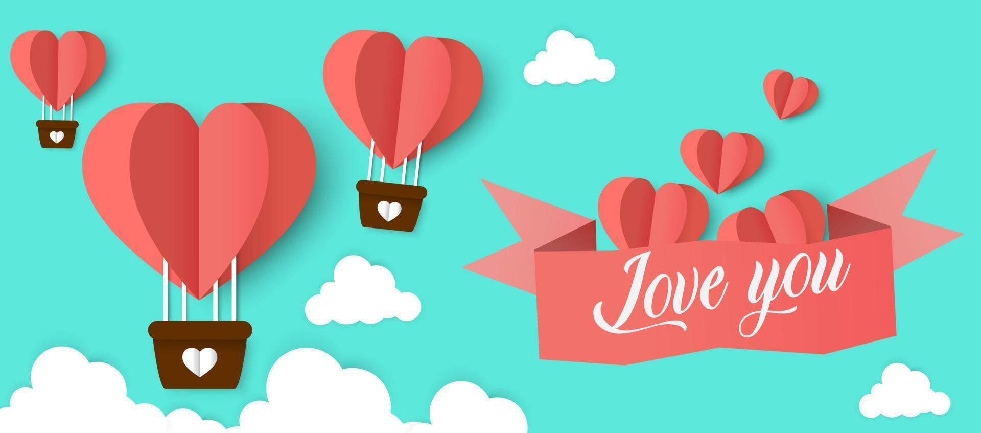 contento san valentino giorno tipografia vettore design con carta palloncini nel il cielo rosso rosa cuore forma tagliare bianca nuvole vettore Immagine di amore