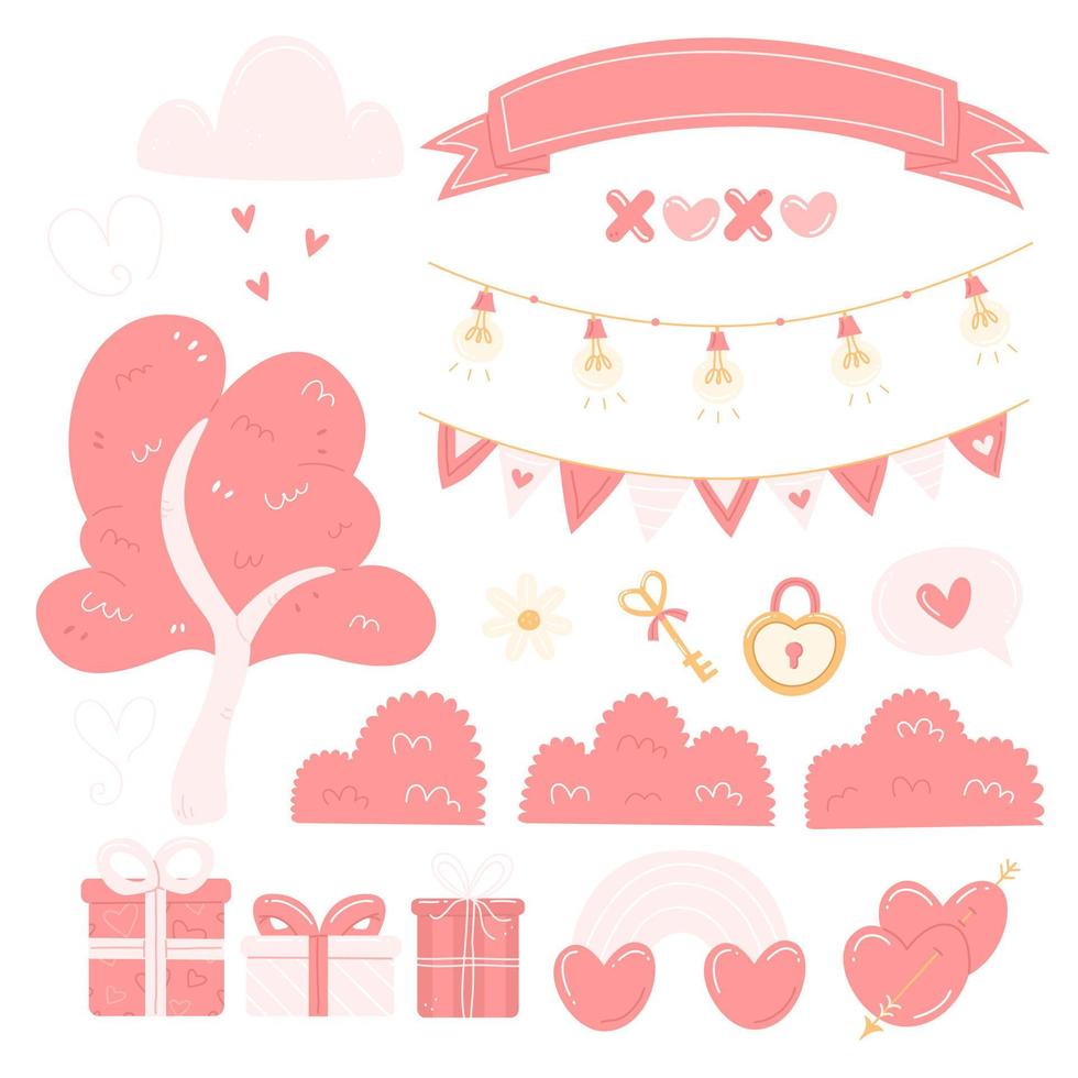 un' impostato di carino rosa cartone animato elementi per San Valentino giorno design. giorno di amore vettore isolato illustrazione.
