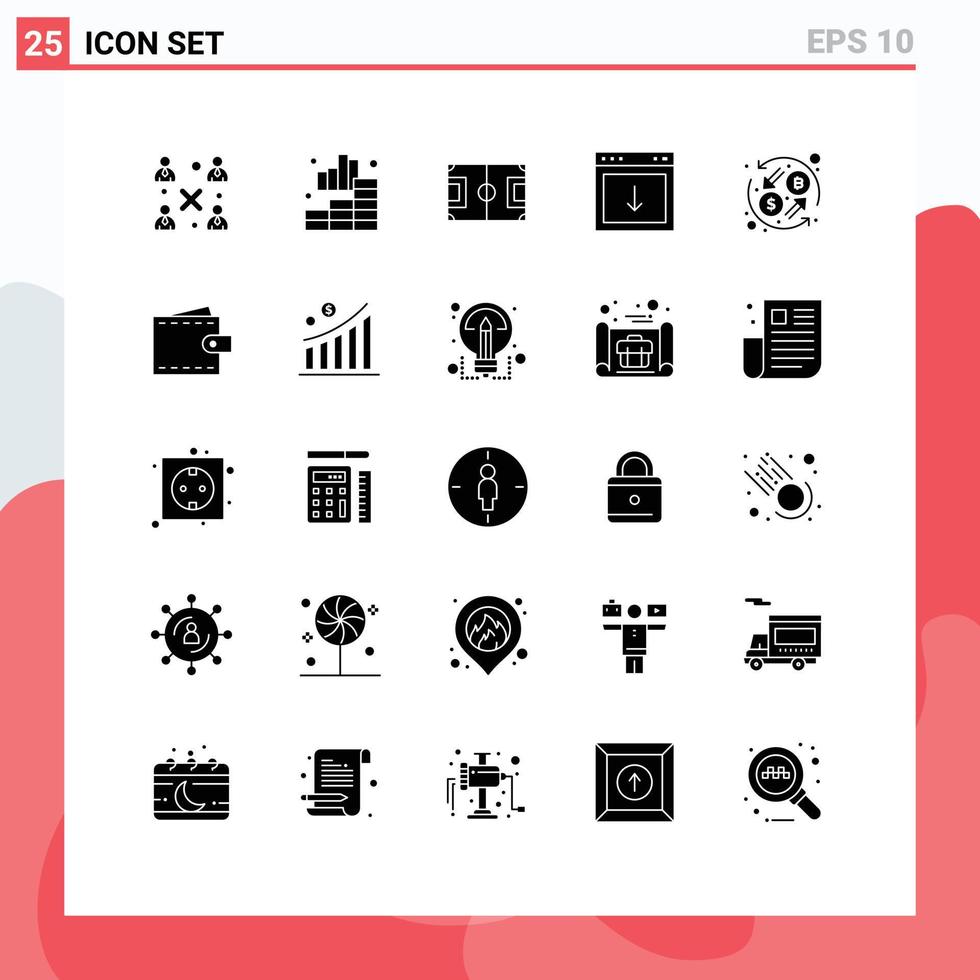 pittogramma impostato di 25 semplice solido glifi di Sud giù campo freccia calcio modificabile vettore design elementi