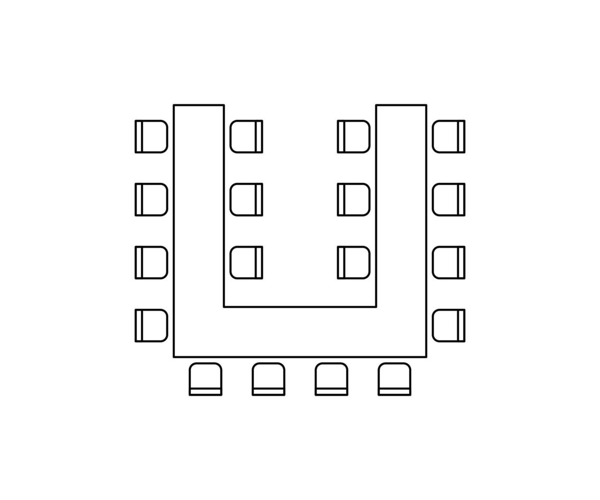 Piano per organizzazione posti a sedere e tavoli nel interno, disposizione grafico schema elementi. sedie e tavoli icone nel schema architettonico Piano. ufficio e casa arredamento, superiore Visualizza. vettore linea