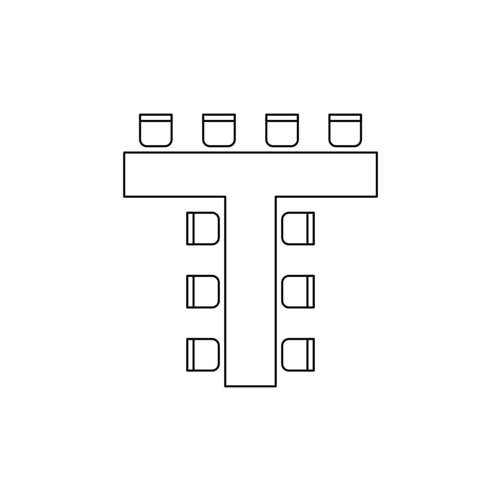 Piano forma t per organizzazione posti a sedere e tavoli nel interno, disposizione grafico schema elementi. sedie e tavoli icone nel schema architettonico Piano. ufficio e casa arredamento, superiore Visualizza. vettore linea