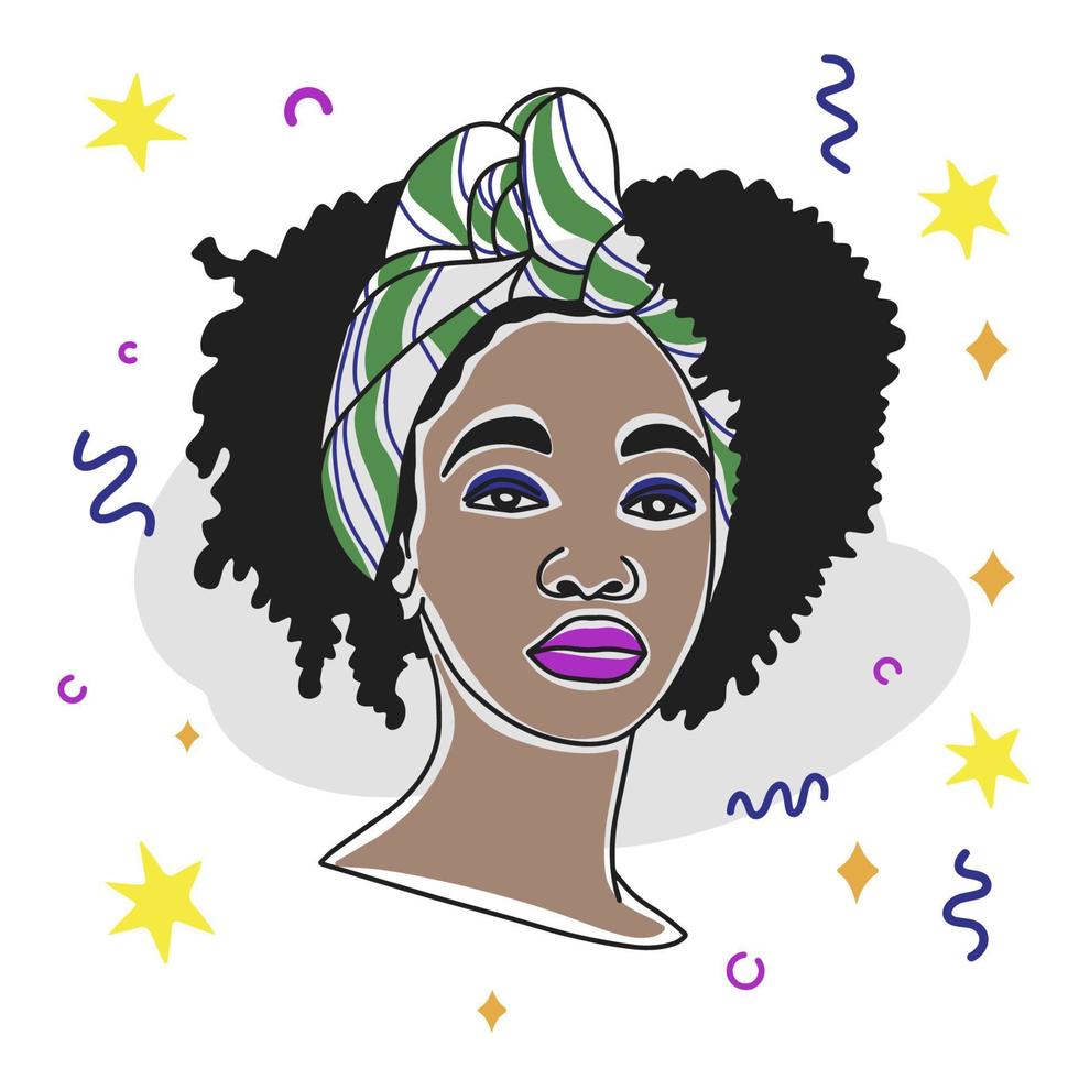 bello africano ragazza avatar, bandiera decorazione, colorato le persone, scarabocchio vettore