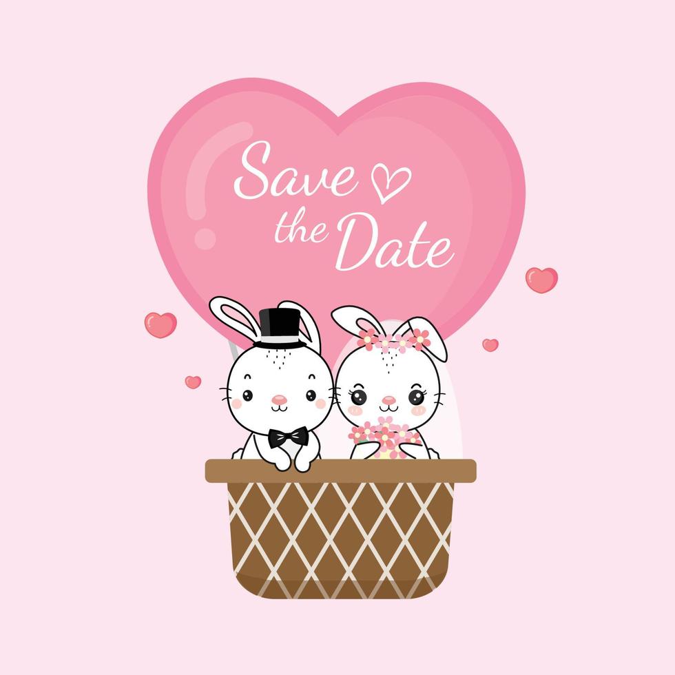 Salva il Data carta con coniglio sposa e sposo su aria Palloncino cartone animato piatto vettore illustrazione.