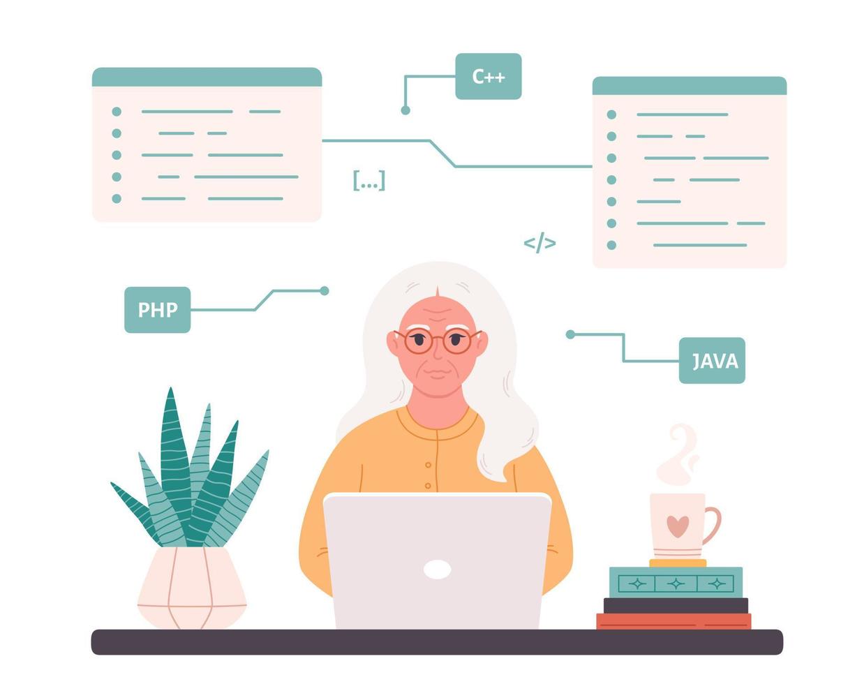 vecchio donna Lavorando su computer a casa. programmazione, libero professionista, a distanza Lavorando. moderno tecnologie e vecchio persone vettore