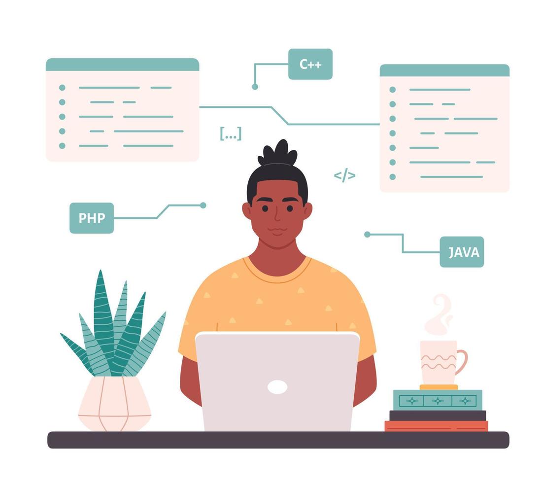 nero uomo Lavorando su il computer portatile. esso sviluppatore. programmazione codice. libero professionista, a distanza Lavorando, programmazione vettore