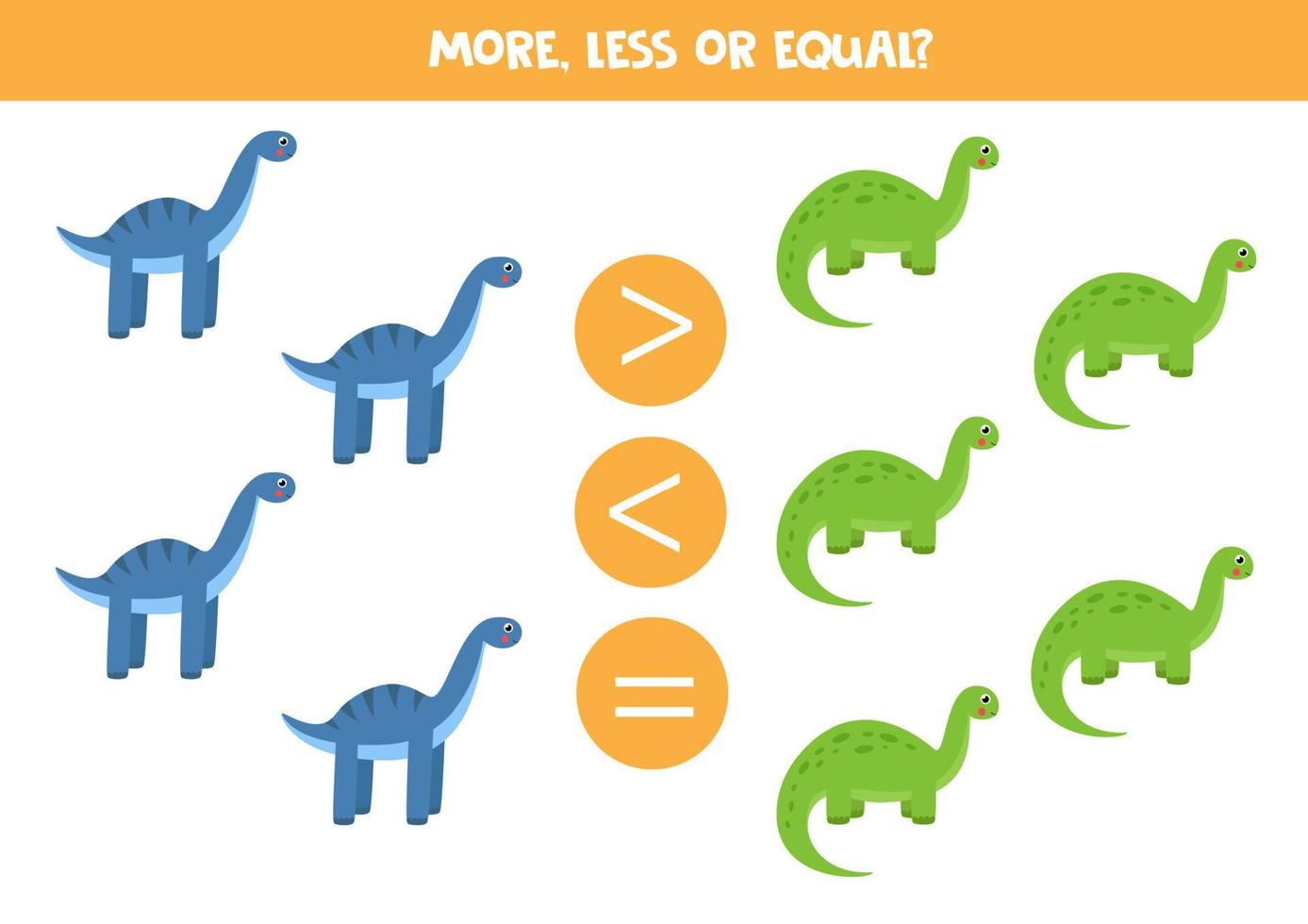 Di più, meno, pari con carino cartone animato dinosauri. matematica gioco per bambini. vettore