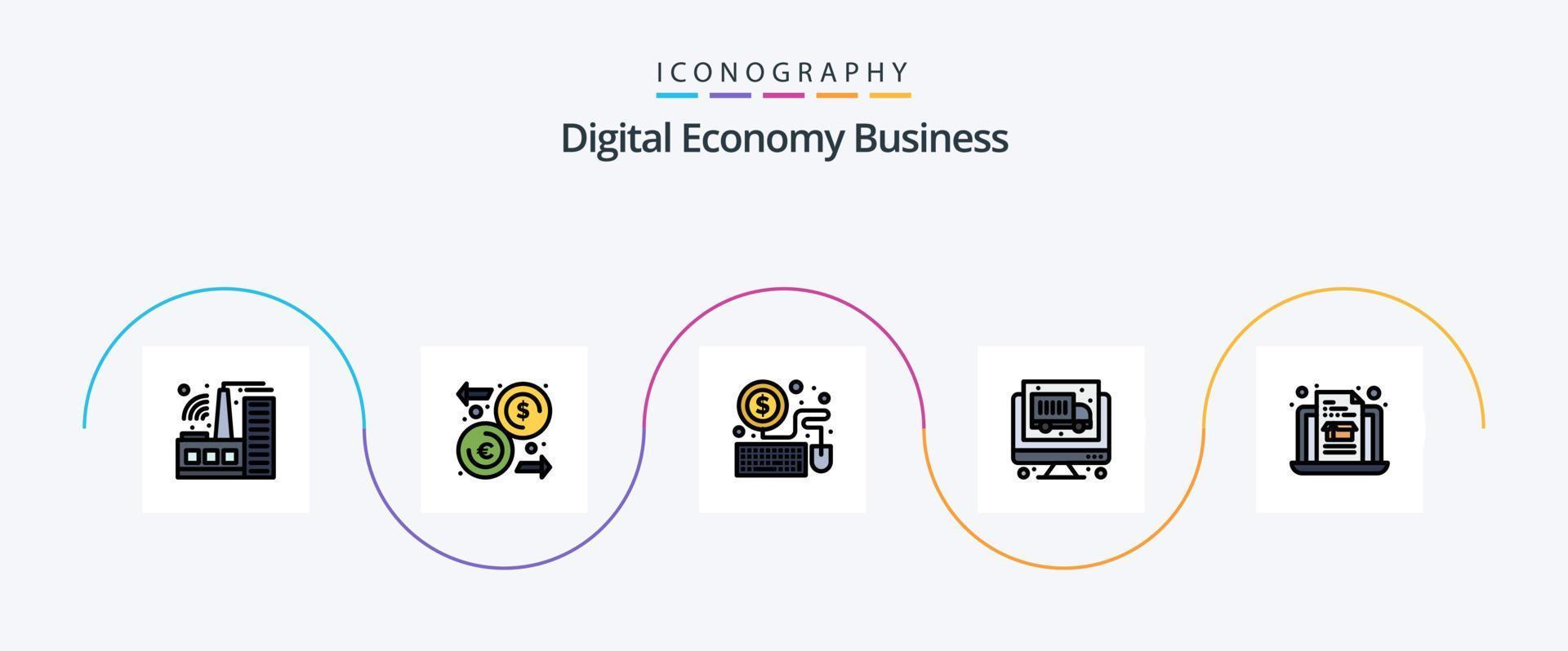 digitale economia attività commerciale linea pieno piatto 5 icona imballare Compreso . economia. il computer portatile. scatola. economia vettore