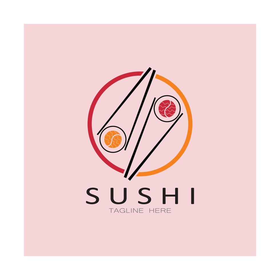 sushi logo template.vector icona stile illustrazione bar o negozio, sushi, rotolo di salmone, sushi e panini con bacchette bar o ristorante modello logo vettoriale