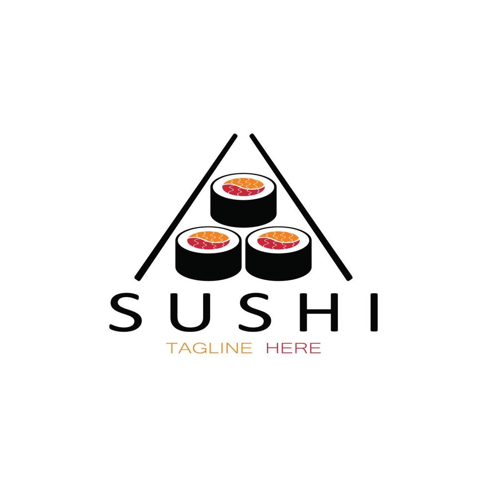 sushi logo template.vector icona stile illustrazione bar o negozio, sushi, rotolo di salmone, sushi e panini con bacchette bar o ristorante modello logo vettoriale