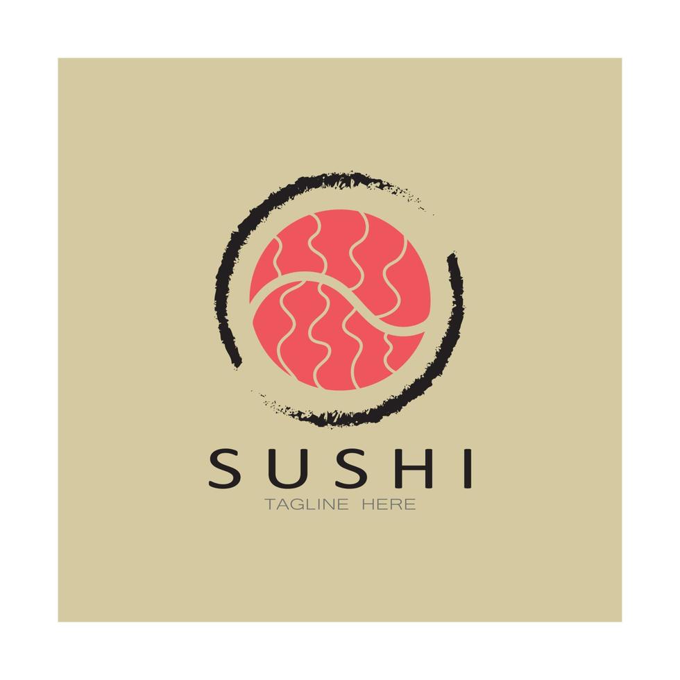 sushi logo template.vector icona stile illustrazione bar o negozio, sushi, rotolo di salmone, sushi e panini con bacchette bar o ristorante modello logo vettoriale