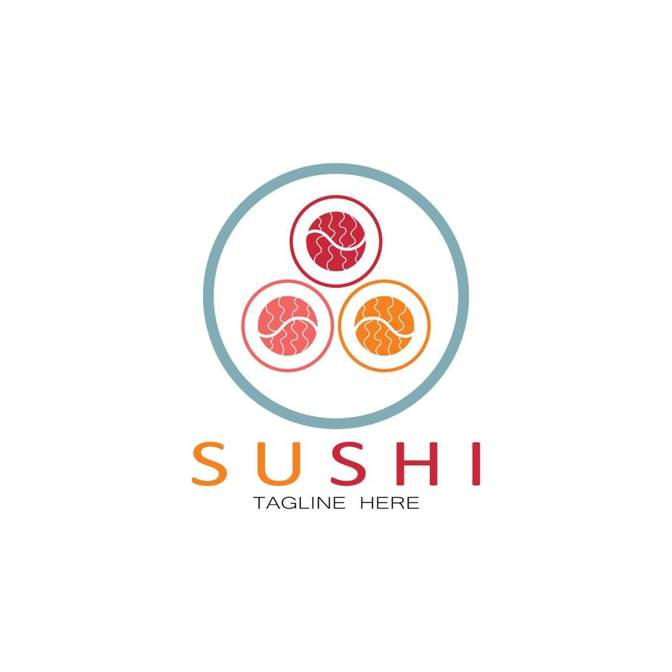 sushi logo template.vector icona stile illustrazione bar o negozio, sushi, rotolo di salmone, sushi e panini con bacchette bar o ristorante modello logo vettoriale