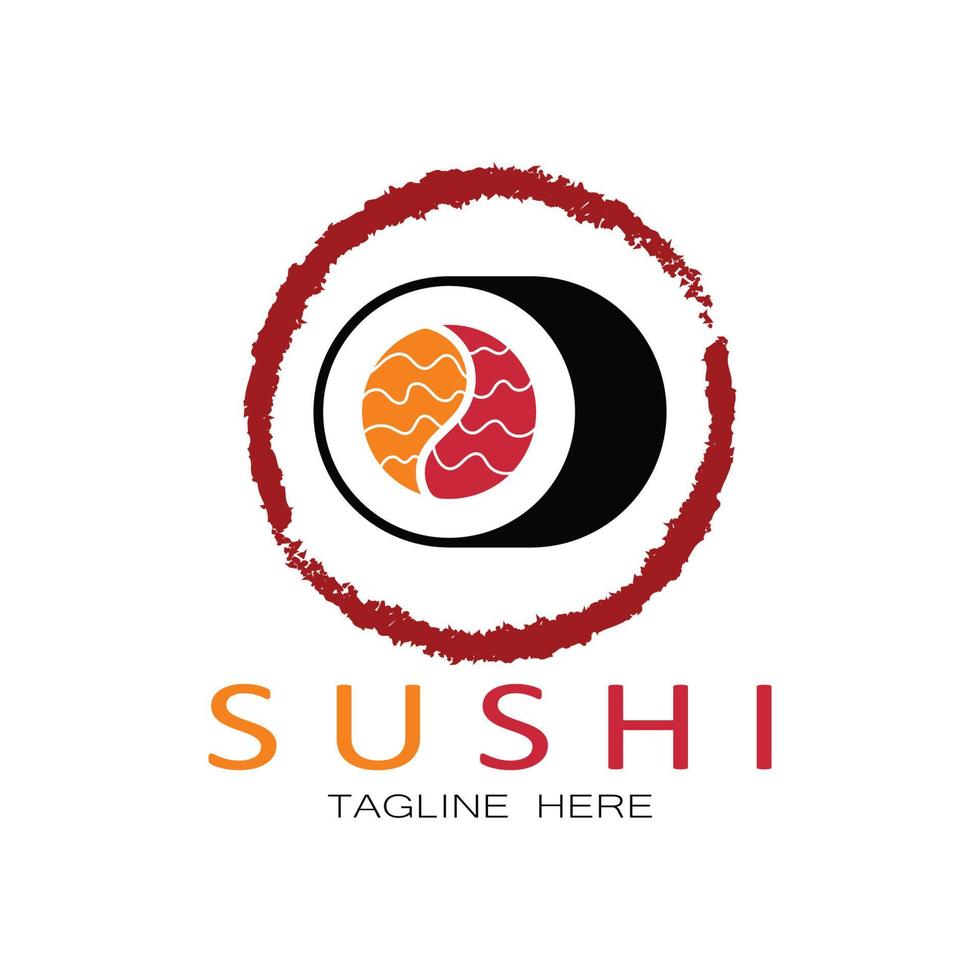 sushi logo template.vector icona stile illustrazione bar o negozio, sushi, rotolo di salmone, sushi e panini con bacchette bar o ristorante modello logo vettoriale