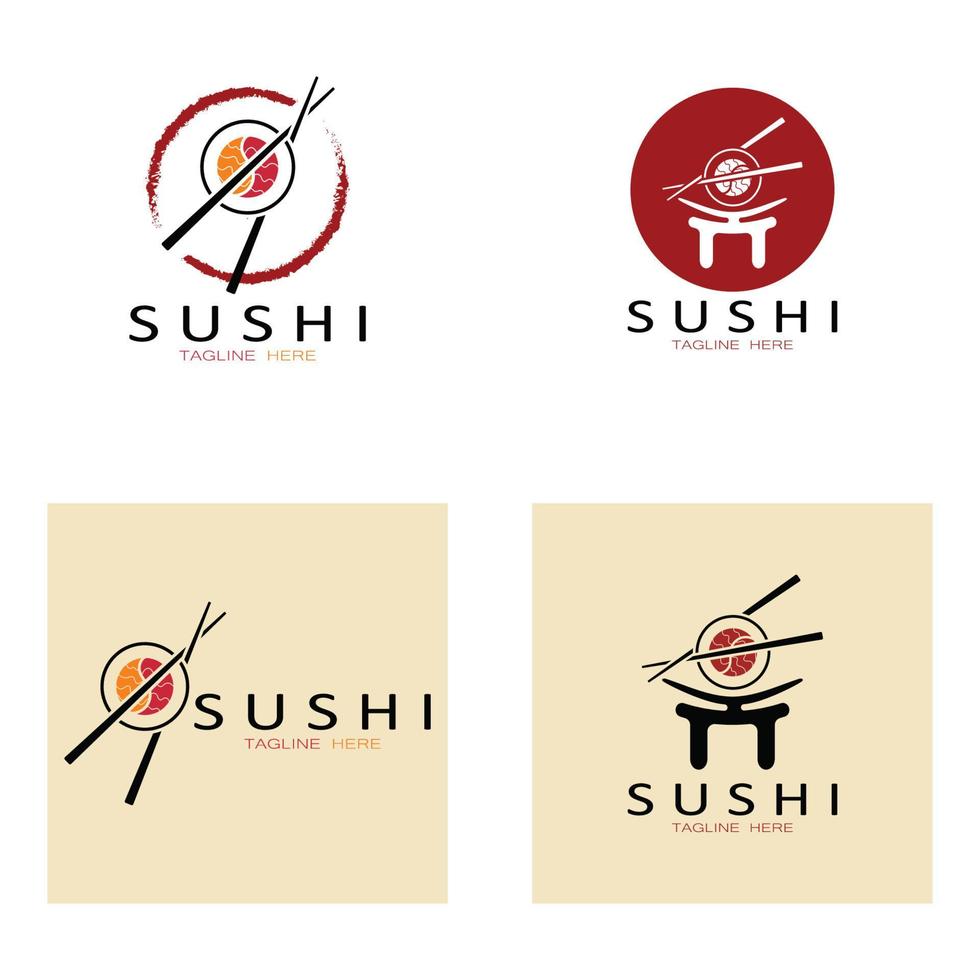 sushi logo template.vector icona stile illustrazione bar o negozio, sushi, rotolo di salmone, sushi e panini con bacchette bar o ristorante modello logo vettoriale