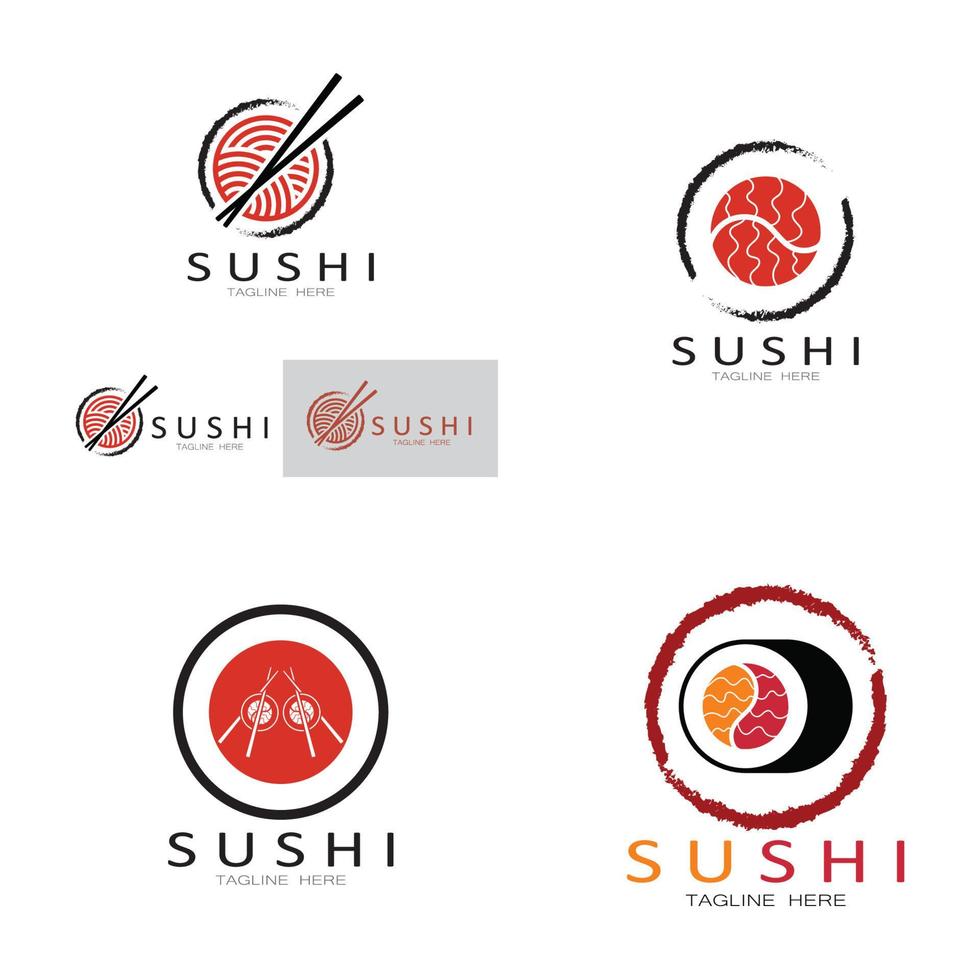 sushi logo template.vector icona stile illustrazione bar o negozio, sushi, rotolo di salmone, sushi e panini con bacchette bar o ristorante modello logo vettoriale