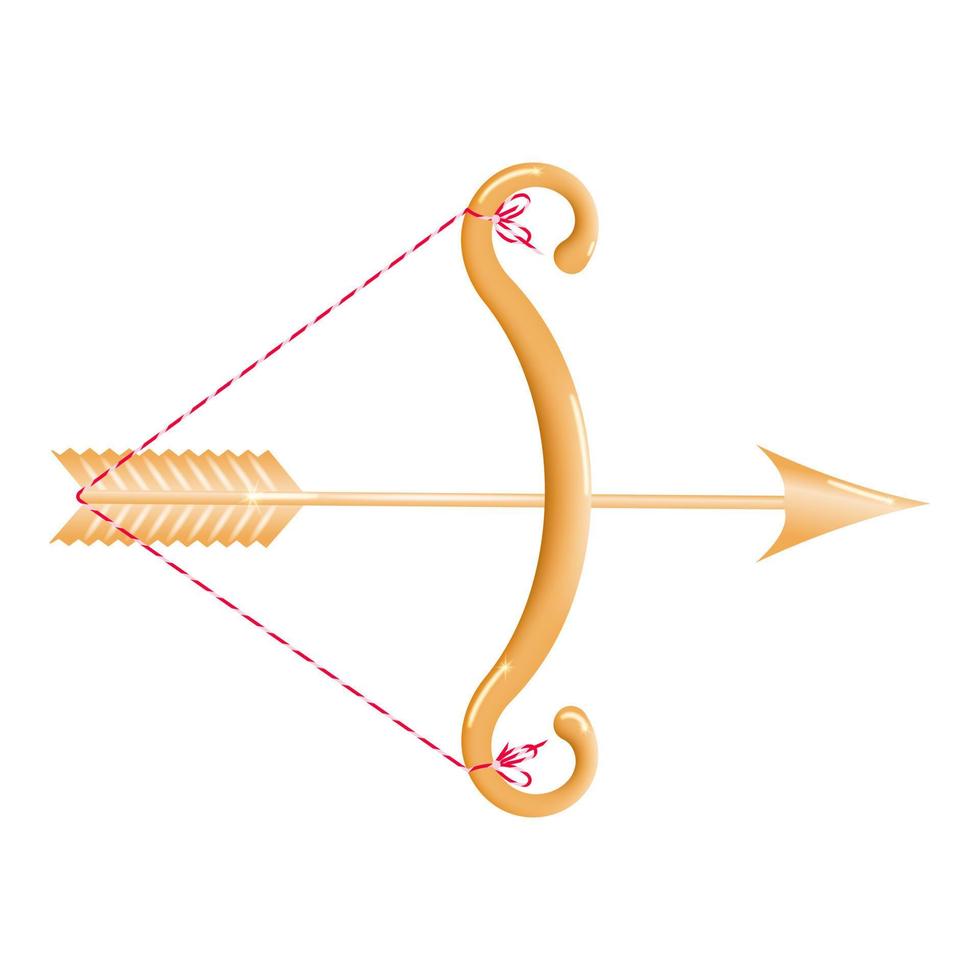 d'oro arco 3d con un' teso corda e un' caricato d'oro freccia isolato su un' bianca sfondo. cartone animato giallo arco con freccia. vettore illustrazione.