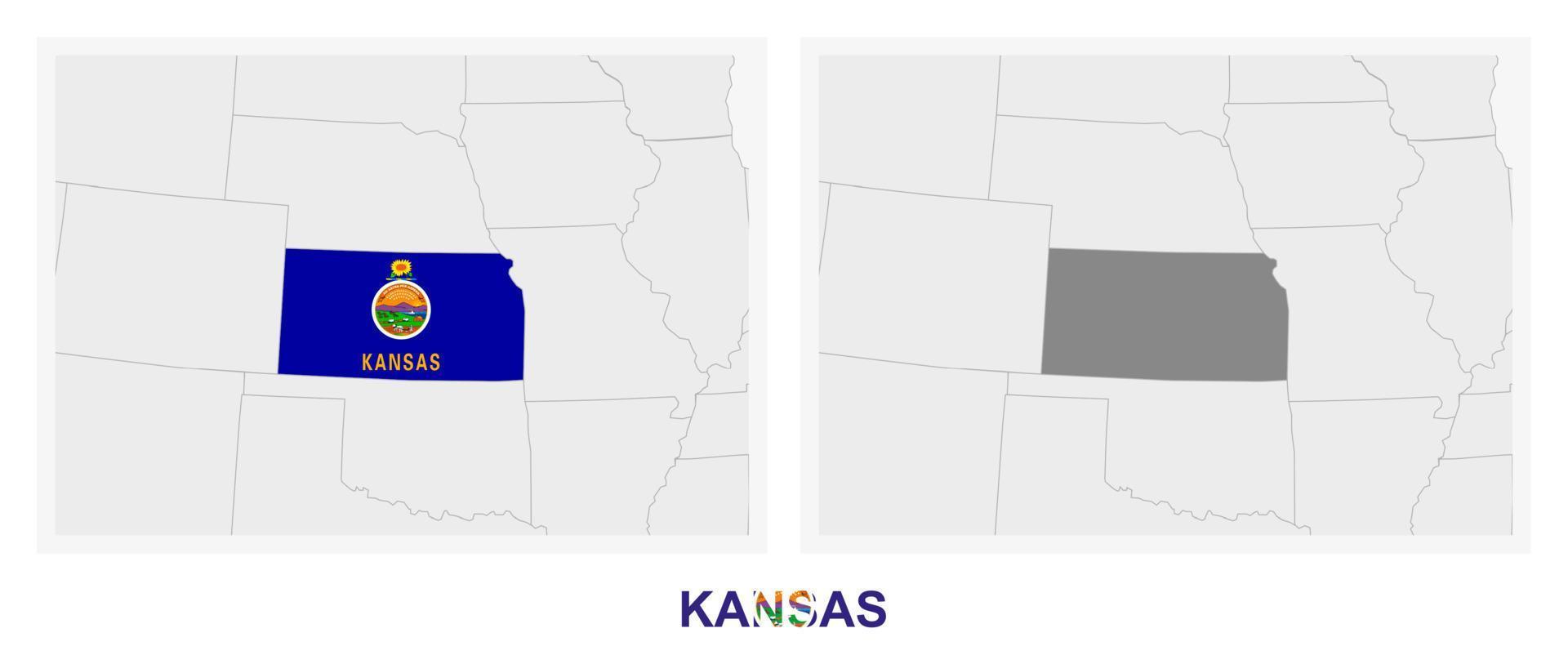 Due versioni di il carta geografica di noi stato Kansas, con il bandiera di Kansas e evidenziato nel buio grigio. vettore