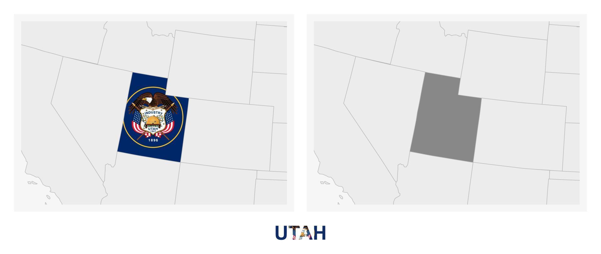 Due versioni di il carta geografica di noi stato Utah, con il bandiera di Utah e evidenziato nel buio grigio. vettore