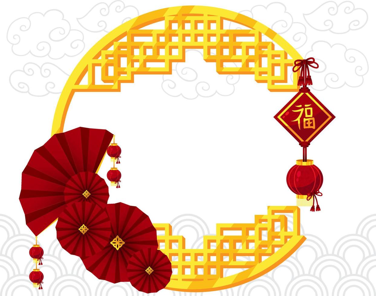 Cinese oro telaio tradizionale con rosso lanterna vettore impostato 02, Cinese testo si intende benedizione