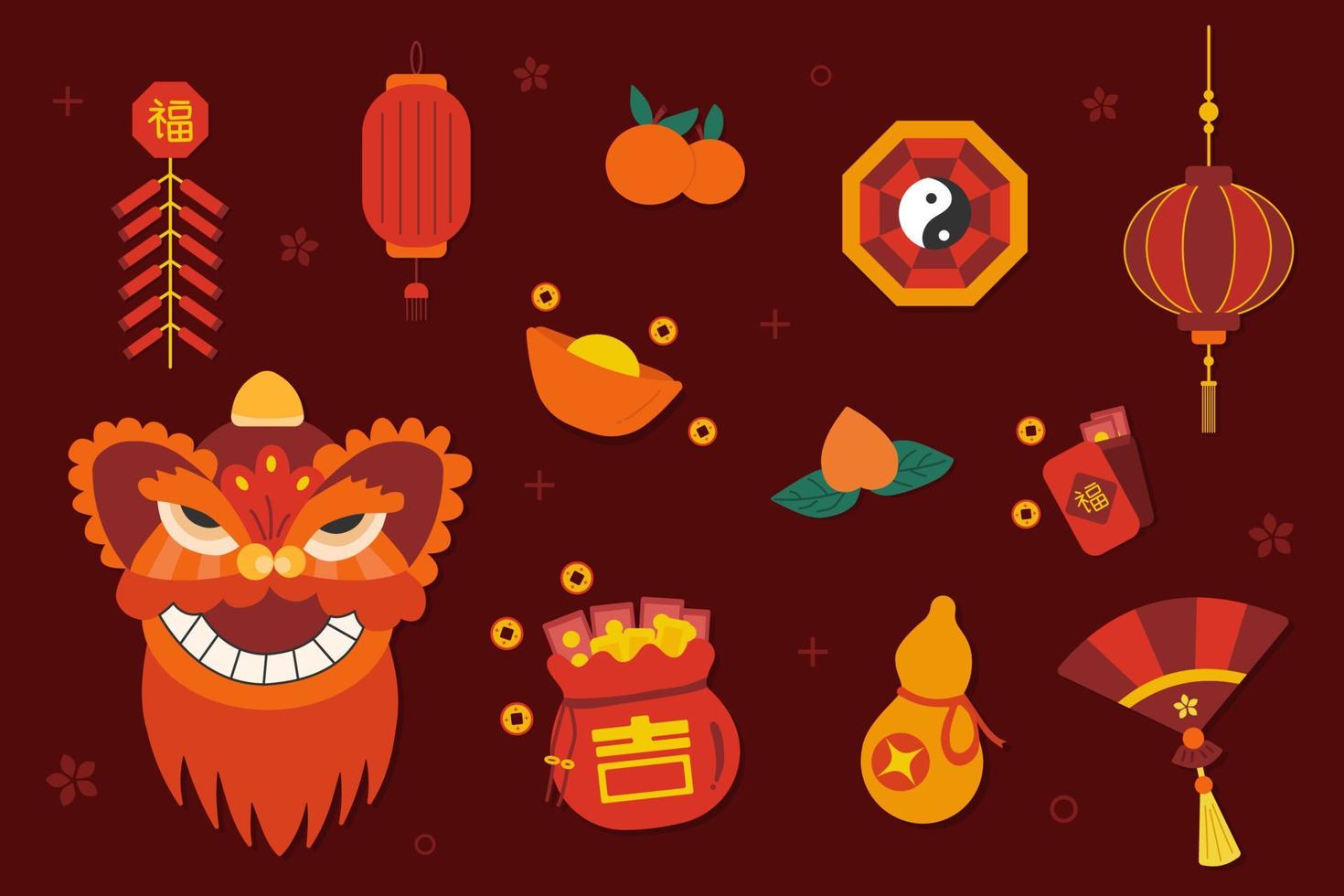 celebrazione Cinese nuovo anno icone vacanza impostato su buio rosso sfondo. vettore
