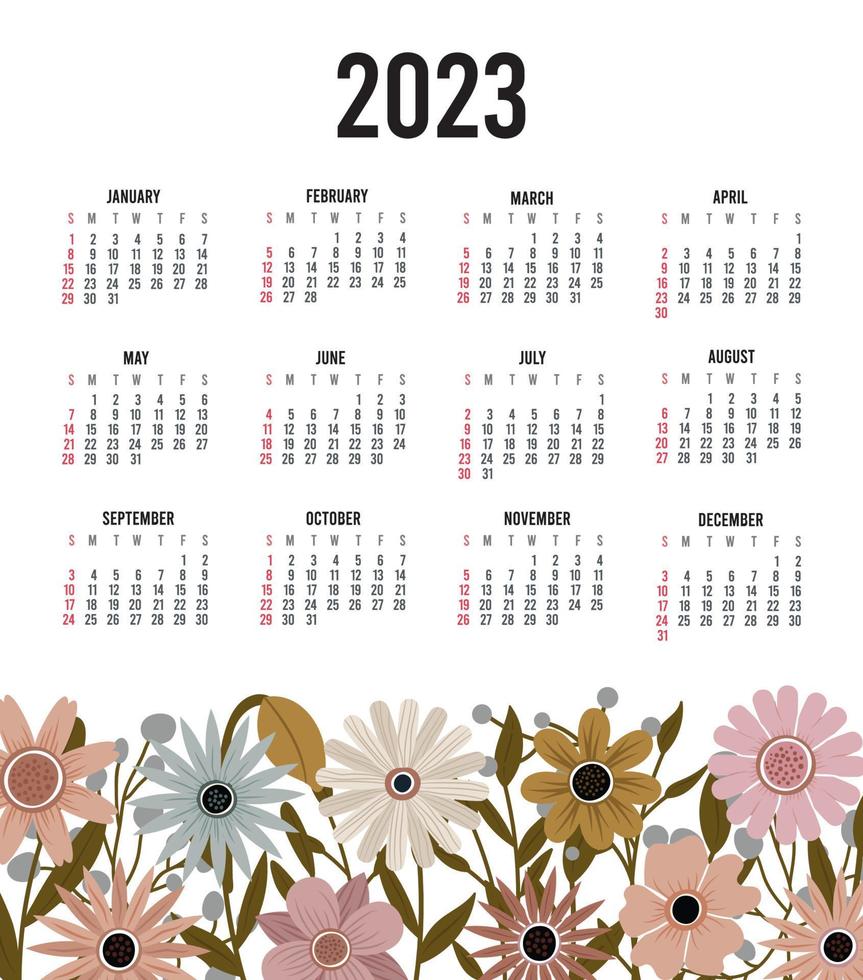 calendario 2023 con 12 mesi. Domenica settimana inizio annuale calendario. singolo pagina calendario modello con mano disegnato boho impianti e fiori. vettore illustrazione