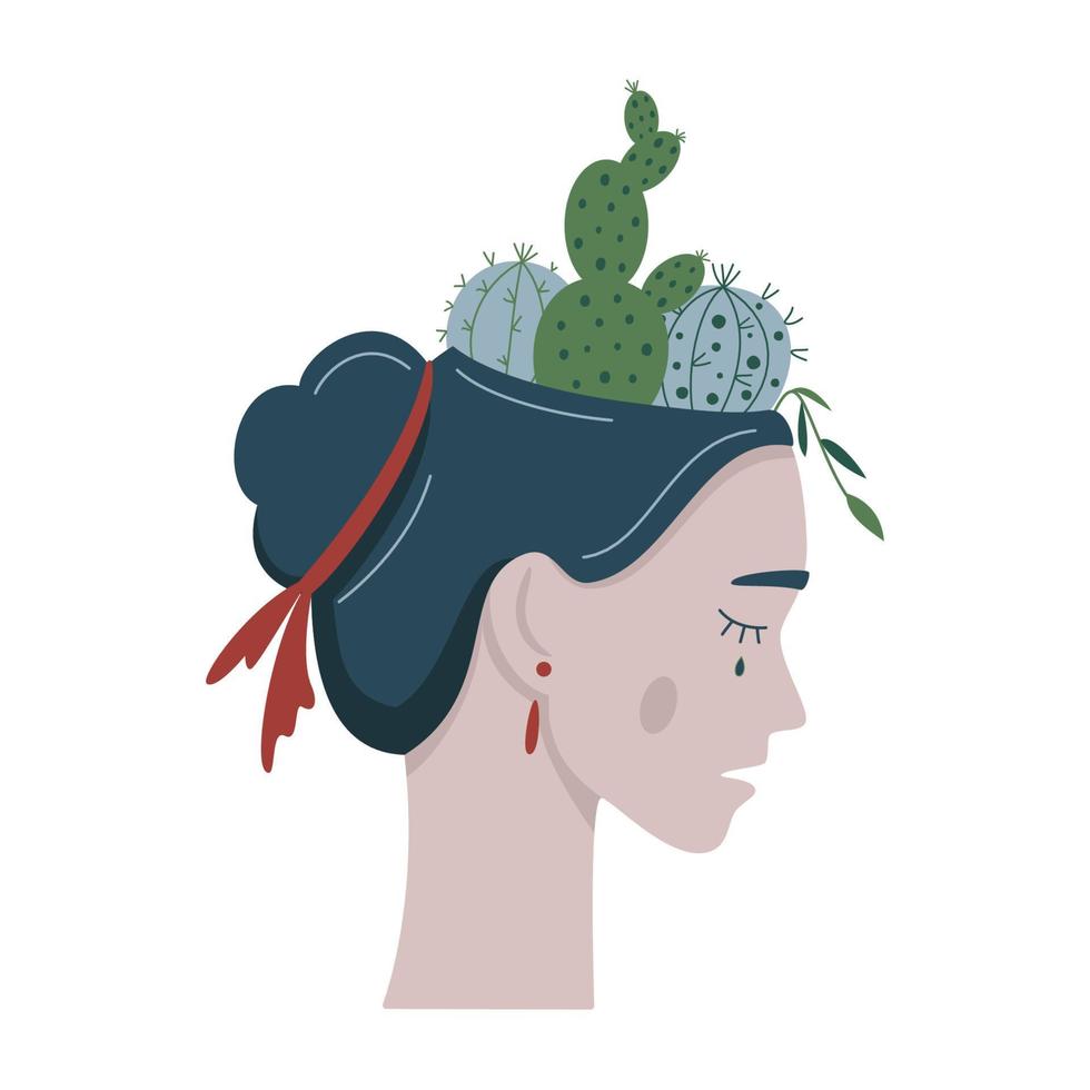 mentale disturbo, ansia, confusione e depressione creativo astratto concetto. infelice donna S testa con cactus dentro. isolato vettore illustrazioni di psicologico i problemi