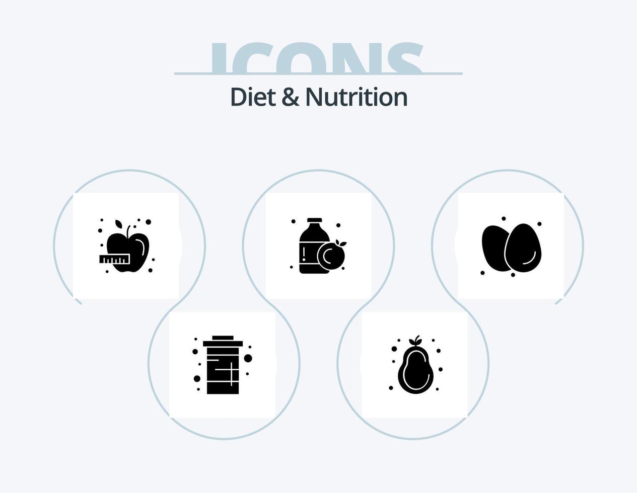 dieta e nutrizione glifo icona imballare 5 icona design. prima colazione. bottiglia. Pera. arancia. verdura vettore