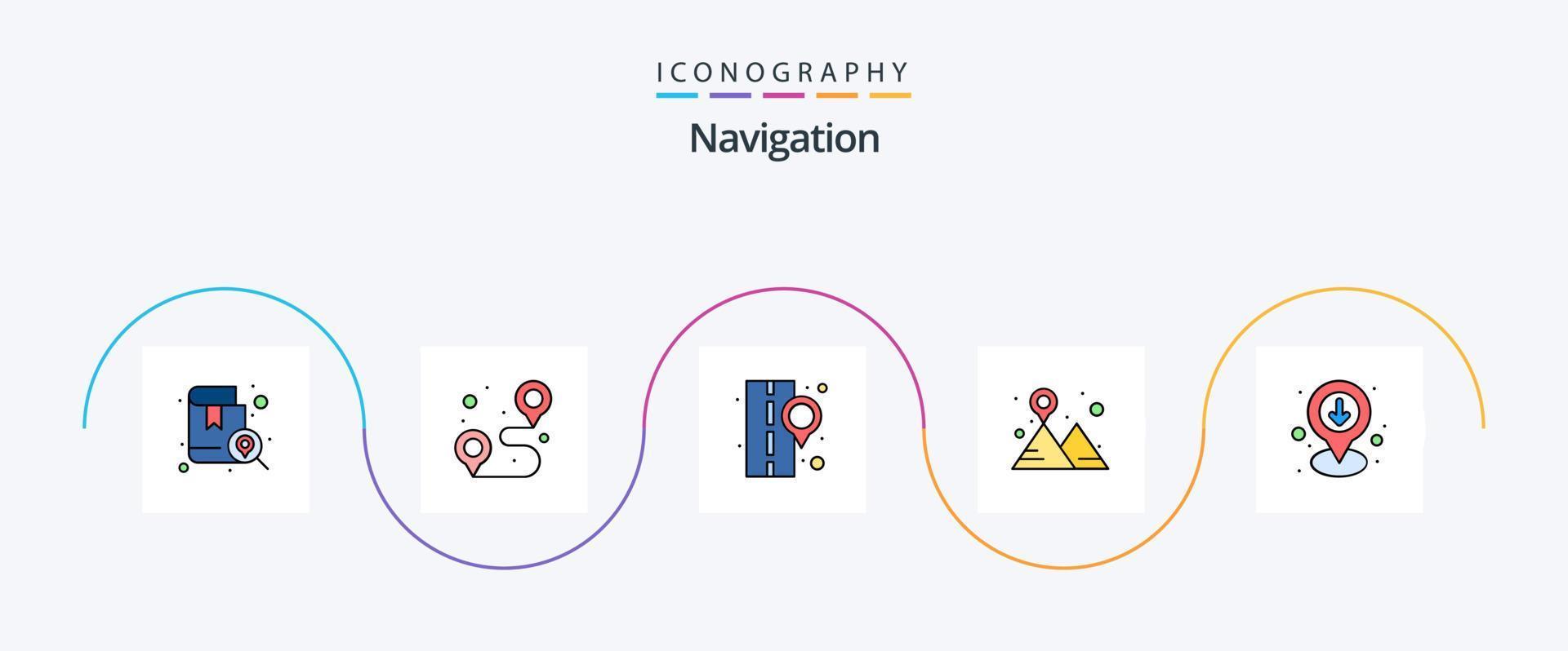 navigazione linea pieno piatto 5 icona imballare Compreso Scarica. carta geografica. cartello. Posizione. carta geografica perno vettore