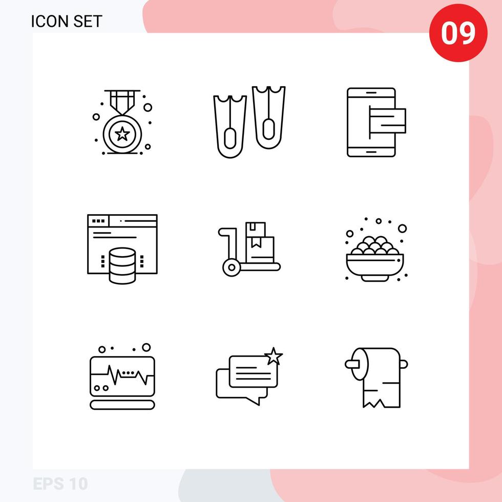 pittogramma impostato di 9 semplice lineamenti di e-commerce ragnatela e server ospitando sito web modificabile vettore design elementi