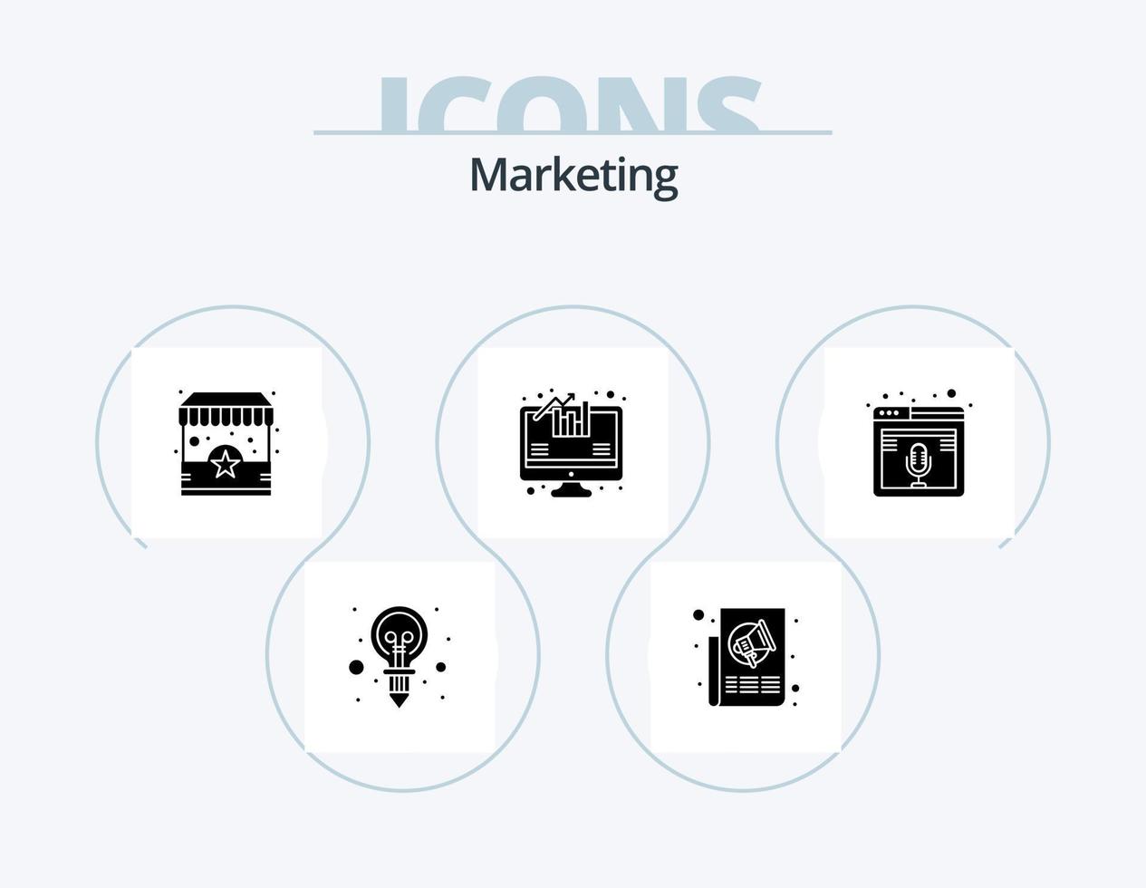 marketing glifo icona imballare 5 icona design. microfono. crescita. stampa. analitica. In piedi vettore