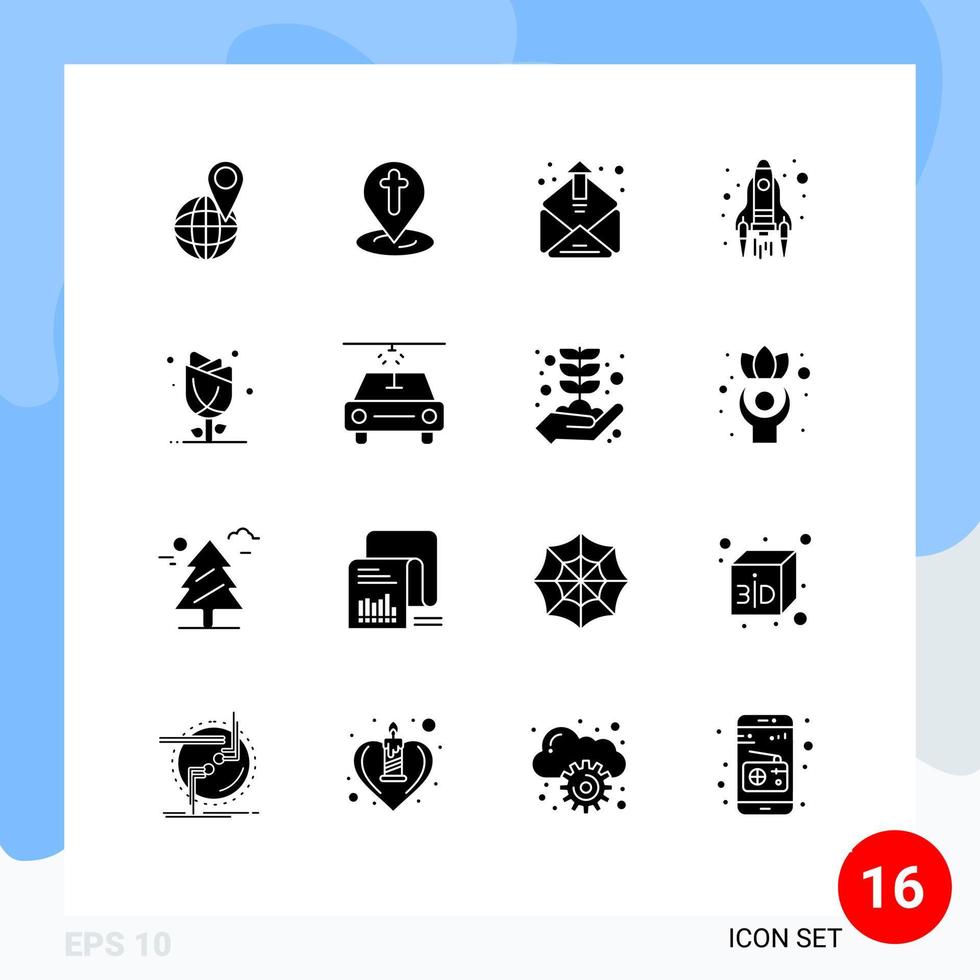 16 solido glifo concetto per siti web mobile e applicazioni floreale lanciare contatto su razzo modificabile vettore design elementi