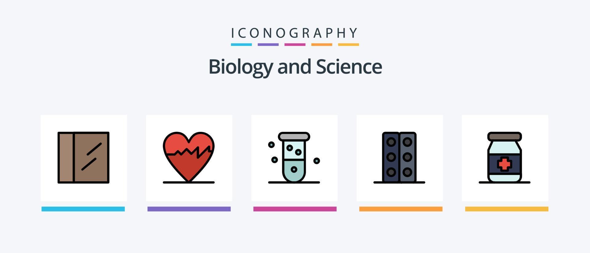 biologia linea pieno 5 icona imballare Compreso . laboratorio. malta. sigaretta. scienza. creativo icone design vettore